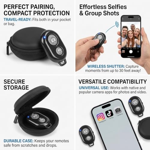 Image of skysia Bluetooth Remote for Mobile Wireless Camera Shutter Button & Pouch | Photo Clicker Remote for Selfie Stick, Tripod & Vlogging | Compatible with iPhone & Android Smartphones (with Case 1 Unit)