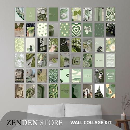 Image of ZENDEN STORE Pack of 54 Aesthetic Green Wall Collage Kit Posters - 4x6 Inch, 300 GSM Matte Cardstock with 300+ Glue Dots - Minimal Wall Decor for Bedroom, Dorm, Office