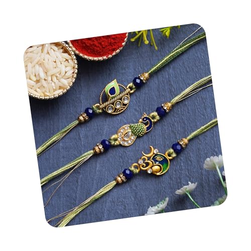Image of eCraftIndia White Red Golden Set of 3 Pearl Rakhi for Brother with Roli Chawal Pack