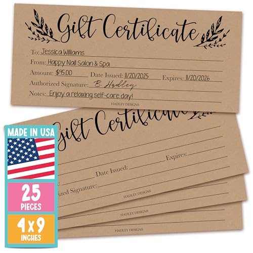 Carnet de chèques-cadeaux au design feuillage champêtre de dimensions 4x9 pouces