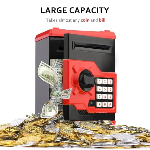 Image of New Electric Digital ATM Money Safe Box Coin Saving Piggy Bank with Password Code Combination Lock for Kids and Adults - Black and Red Coin Bank (Black)