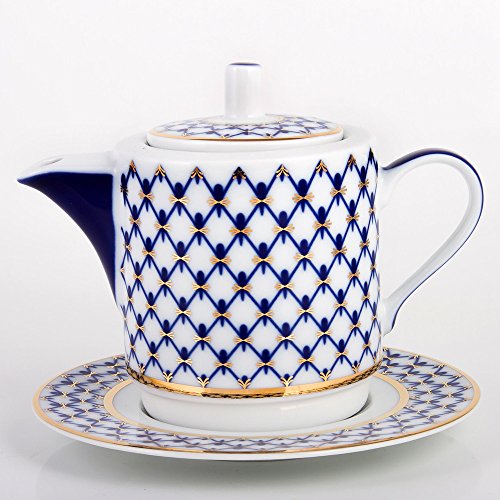 Imperial / Lomonosov Porcelain Cobalt Net Teapot w/ Teacup Gift Set