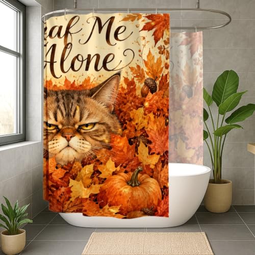 Rideau de douche polyester imperméable motif chat feuilles citrouilles automne