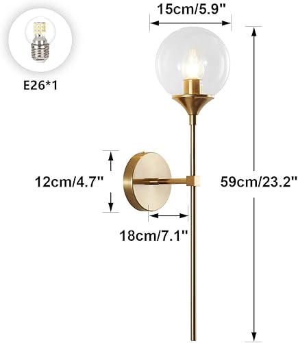 Miniatura 2 de BOKT Juego de 2 apliques de pared con forma de globo de vidrio de burbujas transparente, juego de 2 apliques de pared modernos de latón dorado de