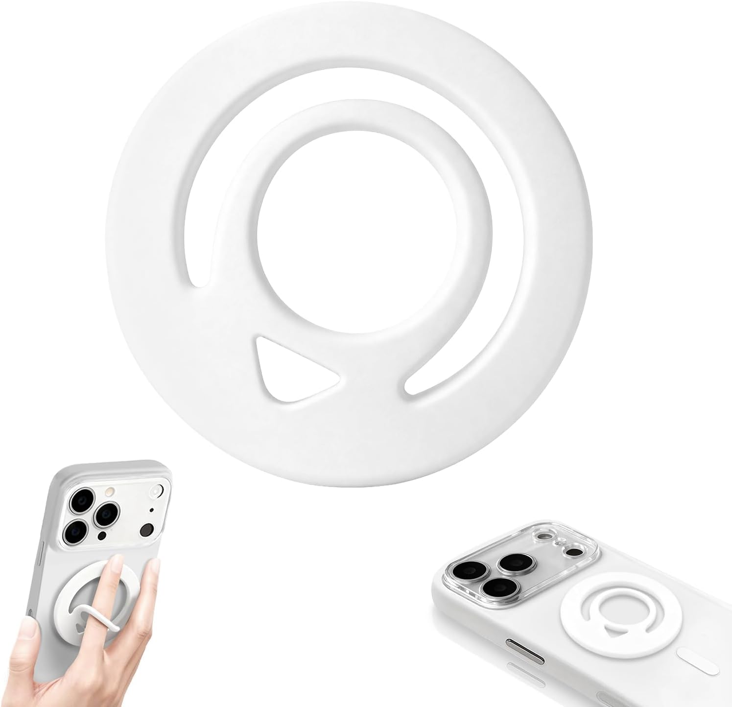 Double Sided Magnetic Silicone Ring Grip Phone Holder, Soft and Portable, Strong Magnetic Attraction, Compatible with iPhone 17/16/15/14/13/12 MagSafe Phone Case Accessories (White)