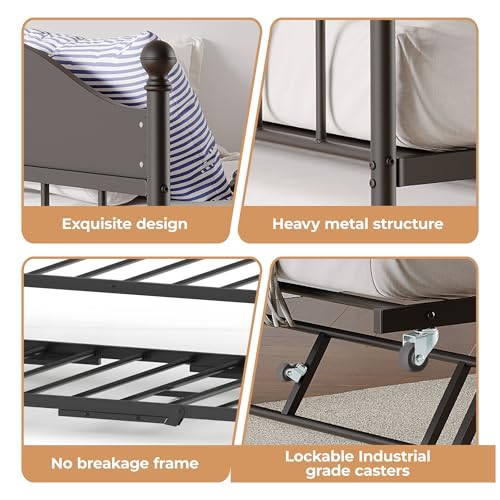 Image of Garvee Twin Daybed with Trundle, Twin Bed Frame with with Stylish Headboard, Heavy Duty Steel Slats Platform for Living Room, Bedroom, Black