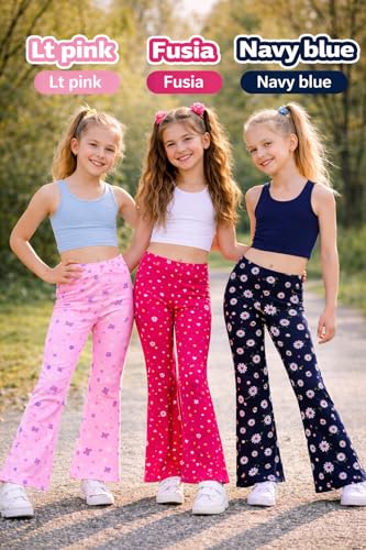 Image of T2F Girls Cotton Flared Leggings Pack of 3 | Soft Stretch Bootcut Pants for Kids | Printed Floral & Heart Designs | Multicolor Combo (2-14 Years