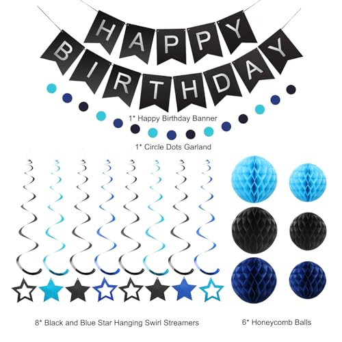 Image of meowtastic Birthday Decorations Happy Birthday Banner with Honeycomb Balls | 16pcs Birthday Set: 1 Banner+6 Honeycomb Balls+8 Star Spirals+1 Circle Dots, Happy Birthday Decor - Black and Blue