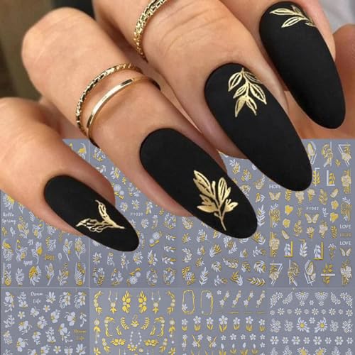 8 Sheets White Gold Flower Nail Art Stickers 3D Self-Adhesive Daisy Nail Stickers Metal French Lines Art Design Nail Decals Petal Butterfly Pattern Design for DIY Decoration for Women and Girls
