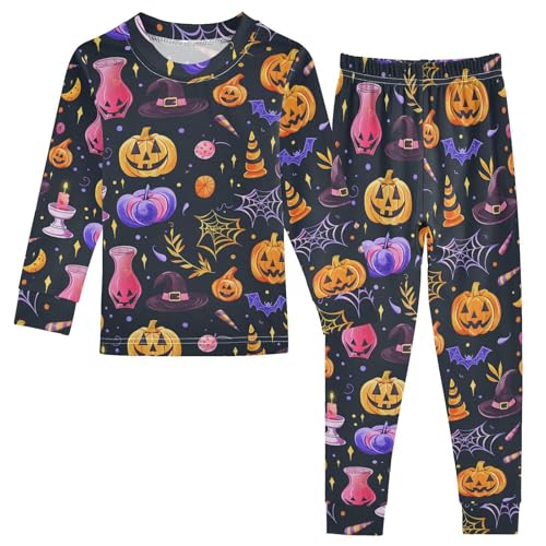 Fustylead Halloween Vibrant Pumpkin Witch Bat Candle Web Cotton Pajama Sets 2 Piece PJ Top and Bottom Nightwear Set