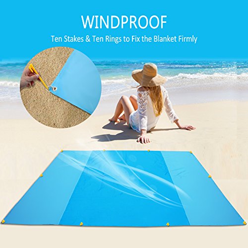 Mounchain Sand Proof Beach Blanket Extra Large 100% Unique Water Impermeable Material, Compact Lightweight Portable Picnic Blanket Mat with 10 Stakes for Travel, Camping, Hiking and Music Festival