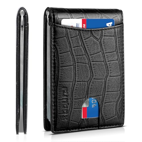 Portefeuille fin avec pince à billets pour homme en cuir carbone noir façon crocodile