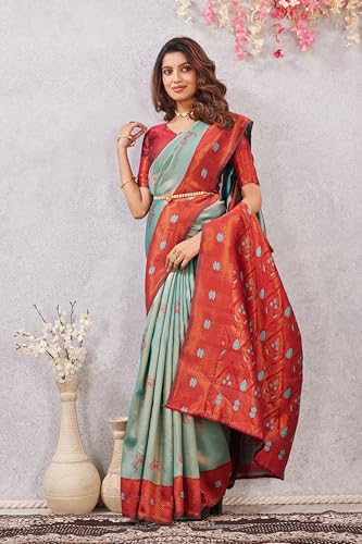 Image of Women's Banarasi Silk Saree with Rich Pallu, Jacquard Zari Weaving Work & Unstitched Blouse Piece, Traditional Ethnic for Wedding, Party & Festive Occasion