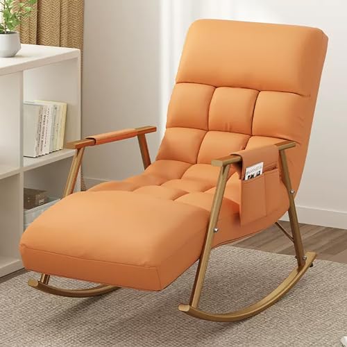 Moderna mecedora tapizada con bolsillo lateral y respaldo ajustable, cómoda silla mecedora para dormitorio o sala de estar, marco naranja/dorado, capacidad de 150 kg