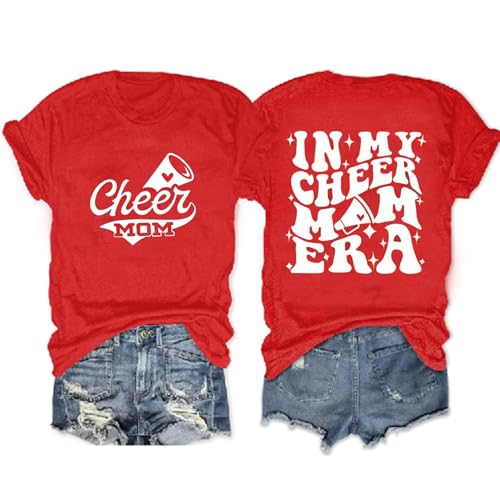 in My Cheer Mom Era Shirt for Women Game Day Mama Shirts Sport Tshirt Casual Cheerleading Tee Tops-Red S