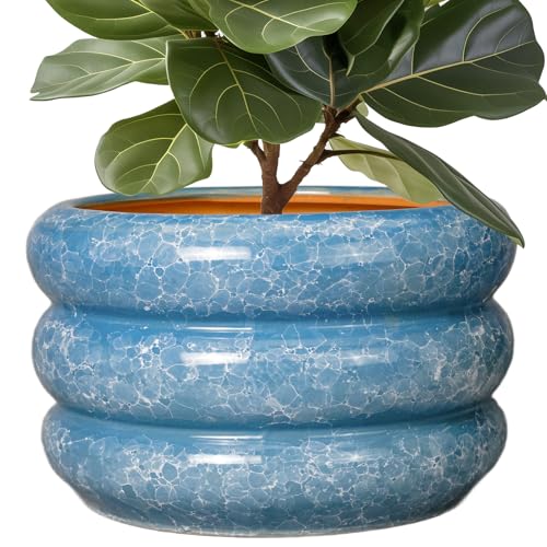 SQOWL Ceramic Plant Pot Indoor with Drainage Hole 13.5 Inch - Large Outdoor Planter Ceramic Flower Pot Modern Round Planter Decorative Plant Pot for Outdoor Porch Decor Blue