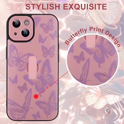 Image of for iPhone 15 Case with Finger Strap Holder, Cute Cool Butterfly Print Pattern Design for Women Girls, Shockproof Anti Scratch Hand Kickstand Protective Cover, Pink
