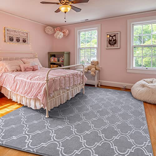 Amearea Fluffy Indoor Area Rug, Soft Trellis Moroccan Rugs for Bedroom, Shag Modern Area Rug for Living Room Kids Room Nursery, Easy Clean, Home Decor Low Pile Carpet, Light Gray 5x7 Feet