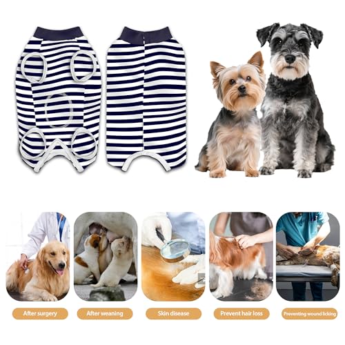 PawSailor Gestreifter OP-Body Hunde Hündin Rüde Kastration Hundebody Nach Op Weiche Baumwolle OP-Weste Hunde Medizinisches Hemd Anti-Lecken Knopfverschluss Wundschutz Kegel-Alternativen, Marineblau S