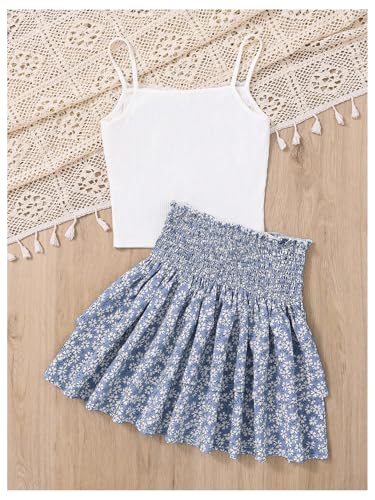 Image of RoseSeek Girl's 2 Piece Outfits Lace Ruched Camisole Tops and Shirred High Waisted Layered Floral Skirts Set