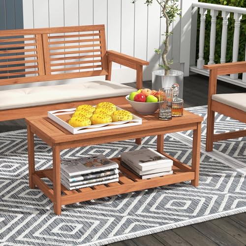 image for Tangkula Wood Outdoor Patio Coffee Table, 2-Tier Coffee Table with Sla