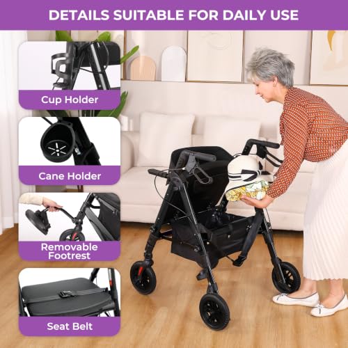 Image of Heavy Duty Rollator Walkers for Seniors with Seat, Foldable 2 in 1 Rolling Walker Wheelchair Combo for Adult, All Terrain Wheels, Adjustable 4 Wheel Walker with Brake, 450 lb. Weight Capacity, Black