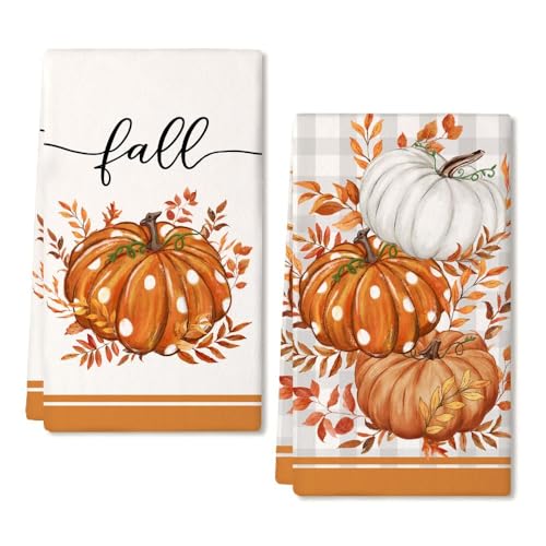 ARKENY Fall Kitchen Towels for Fall Decor,Orange Pumpkin Polka Dot...
