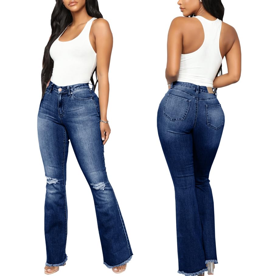 Bell Bottom Jeans for Women Dark Blue High Waisted Flare Jean Ripped Hole Classic Denim Bell Bottom Pants4