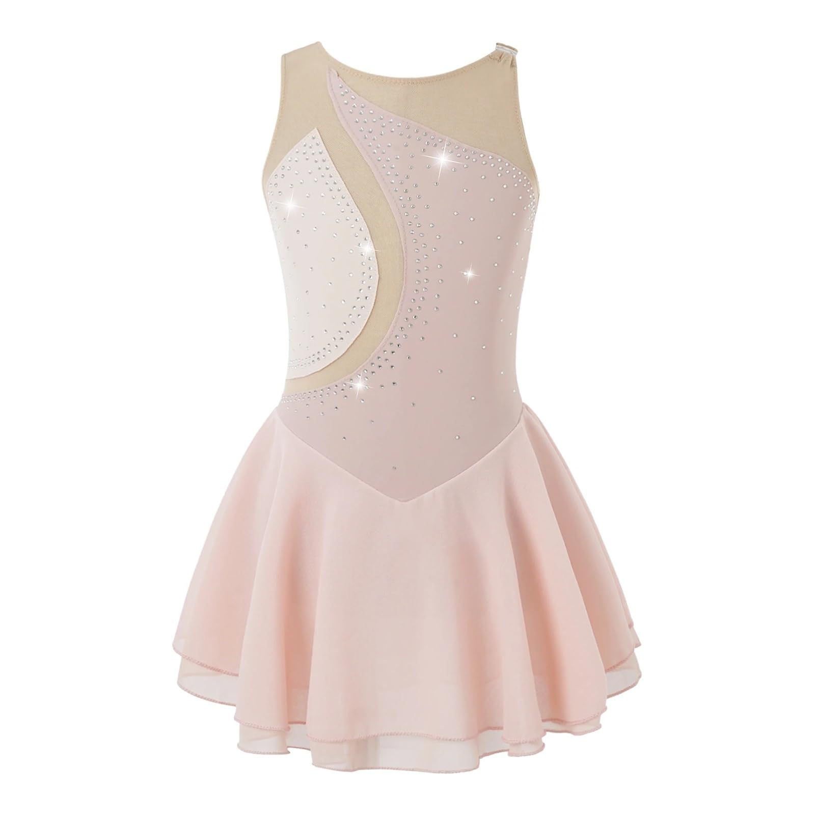 Medias Patinaje Artistico Niña Vestido de patinaje sobre hielo for niñas, vestido de Ballet sin mangas con empalme de malla con diamantes de imitación, trajes de actuación de leotardo de gimnasia(Pink