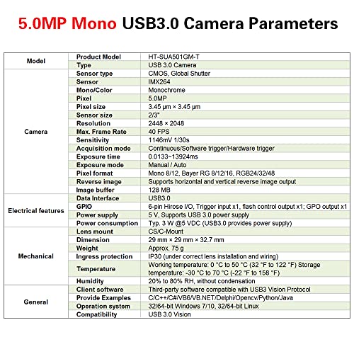 Image of USB3.0 Machine Vision Industrial Camera Global Shutter 5.0MP Monochrome | HT-SUA501GC-T Area Scan Sensor 2 /3 inch Global Shutter C-Mouth Supports Windows and Linux SDK 2448x2048 40fps