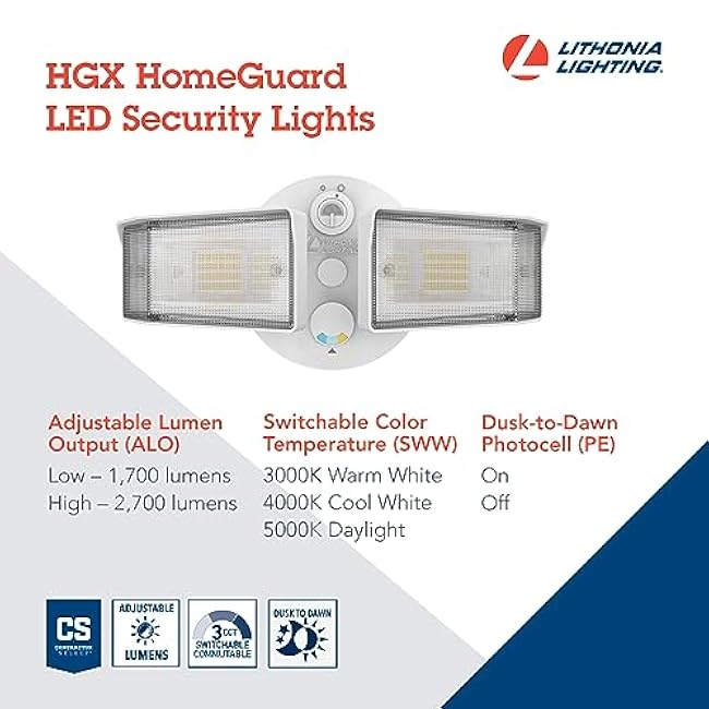 Lithonia Lighting HGX LED 2SH ALO SWW2 120 PE WH M2 HomeGuard LED Outdoor Security Floodlight, Adjustable Light Output, Switchable CCT, Photocell, 2-Lights, White