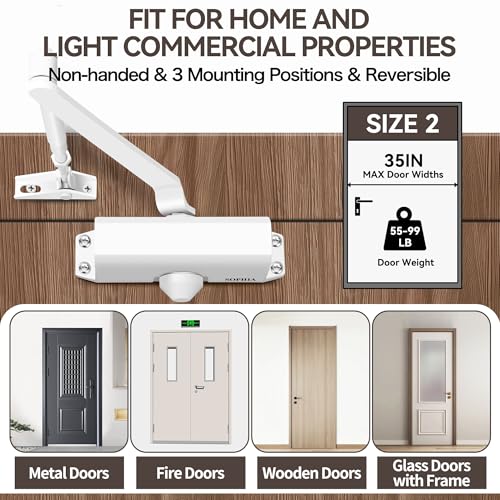 SOPHIA Door Closer for Home, Hydraulic Automatic Door Closer for Residential & Light Commercial Use for Door Weight 55-99LBS, Adjustable Speed, Life Size Fitting Templates, Size 2, White