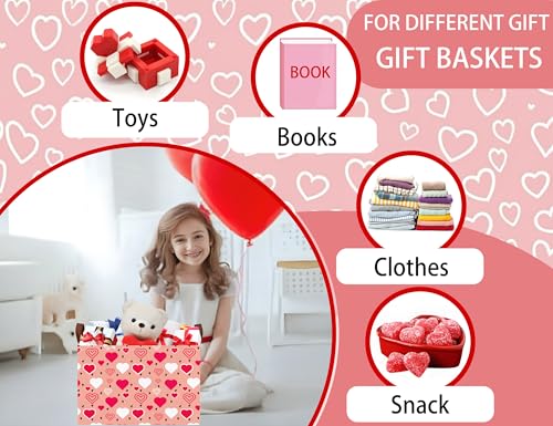 Image of Large Valentine's Day Basket Heart Shaped Storage Bin for Gifts Collapsible Organizer Room Decor (Pink Bottom Red White Love)
