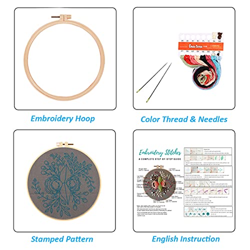 Image of Louise Maelys Botanical Embroidery Kit for Beginners Stamped DIY Craft | Cross Stitch Kits Include Pre-Printed Fabric, Embroidery Hoop, Threads, Needles and Guide. Needlepoint Kit for Beginners