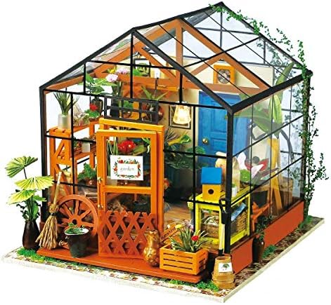 ROBOTIME DIY Dollhouse Wooden Miniature Furniture Kit Mini Green House with LED Best Birthday Gifts