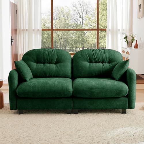 Image of KEIKI 74 inch Oversized Chenille Modular Sectional Loveseat Sofa with High-Density Foam Cushions and Tufted Pleated Cushion Backrest, Upholstered 2-Seater Cloud Couch with 2 Pillow, for Living Room, Green
