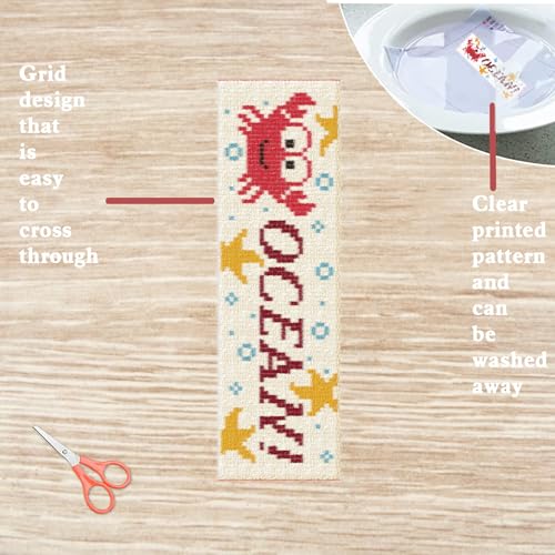 Image of FREEBLOSS 6 Set Cross Stitch Bookmark Kits for Beginner Cartoon Summer Stamped Cross Stitch Kit DIY Embroidery Bookmark Kit with Instructions 8'' x 2.4''