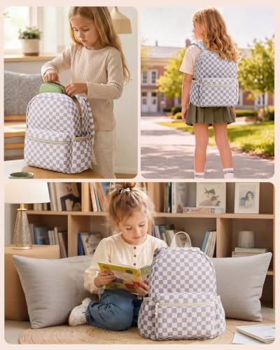 Image of Kids Backpack for Girls and Boys Ages 5-8 | 15inch Corduroy Backpack Kids Bookbag for School Preschool Kindergarten Daycare Daypack-Purple Checkered