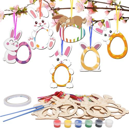 DKINY 12 Stück Ostern Hasen Holzfotorahmen für Kinder DIY Ostern Bilderrahmen aus Holz Osterhasen Fotorahmen zum Basteln und Bemalen Kaninchen Holzbastelset und Fotos ankleben Geschenk für Kinder