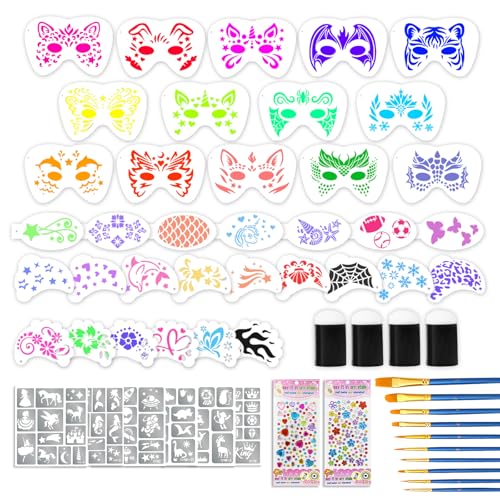 58 Pieces Face Paint Stencils and Brushes Kit, Incledes 36