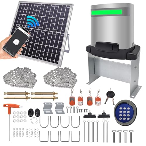 Image of Solar Sliding Gate Opener 1800lb with 32V Solar Panel,WiFi APP Control 280W Chain Driven Automatic Slide Gate Motor with Remotes,Keypad,IR Sensor,Built-in Battery Backup (Chain Driven)
