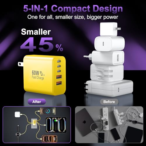 Image of USB C Fast Wall Charger Block, 2Pack 60W USBC Charging Cubes, 5-Port PD+QC Power Adapter Multiport Brick Type C Box Plug for Phone 17 /16 /15 /14 /13 /12 /11 /Pro Max /Plus, Pad Mini /Pro /S25 /S24-Yellow