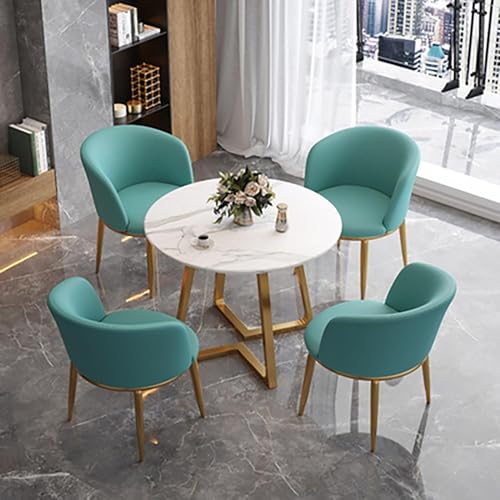 Juego de mesa redonda de 5 piezas con 4 sillas tapizadas de poliuretano, marco de metal, parte superior de mármol marrón, ideal para comedor o sala de estar, azul claro, 80 cm