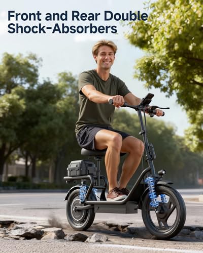 Image of KEQ Electric Scooter Adults with Seat, 48V 22.5AH Foldable Escooter 14 inch Tires 500W Motor 22MPH 35Miles Long Range and Disc Brake 350lbs Max Load Dual Shock Suspension Wide Deck Rear Box