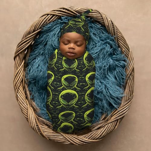 Image of Neon Green Aliens Head Newborn Swaddle Blankets Hat Sets Soft Baby Receiving Blanket Swaddle Sack for Baby Shower Infant Boy Girl Gift
