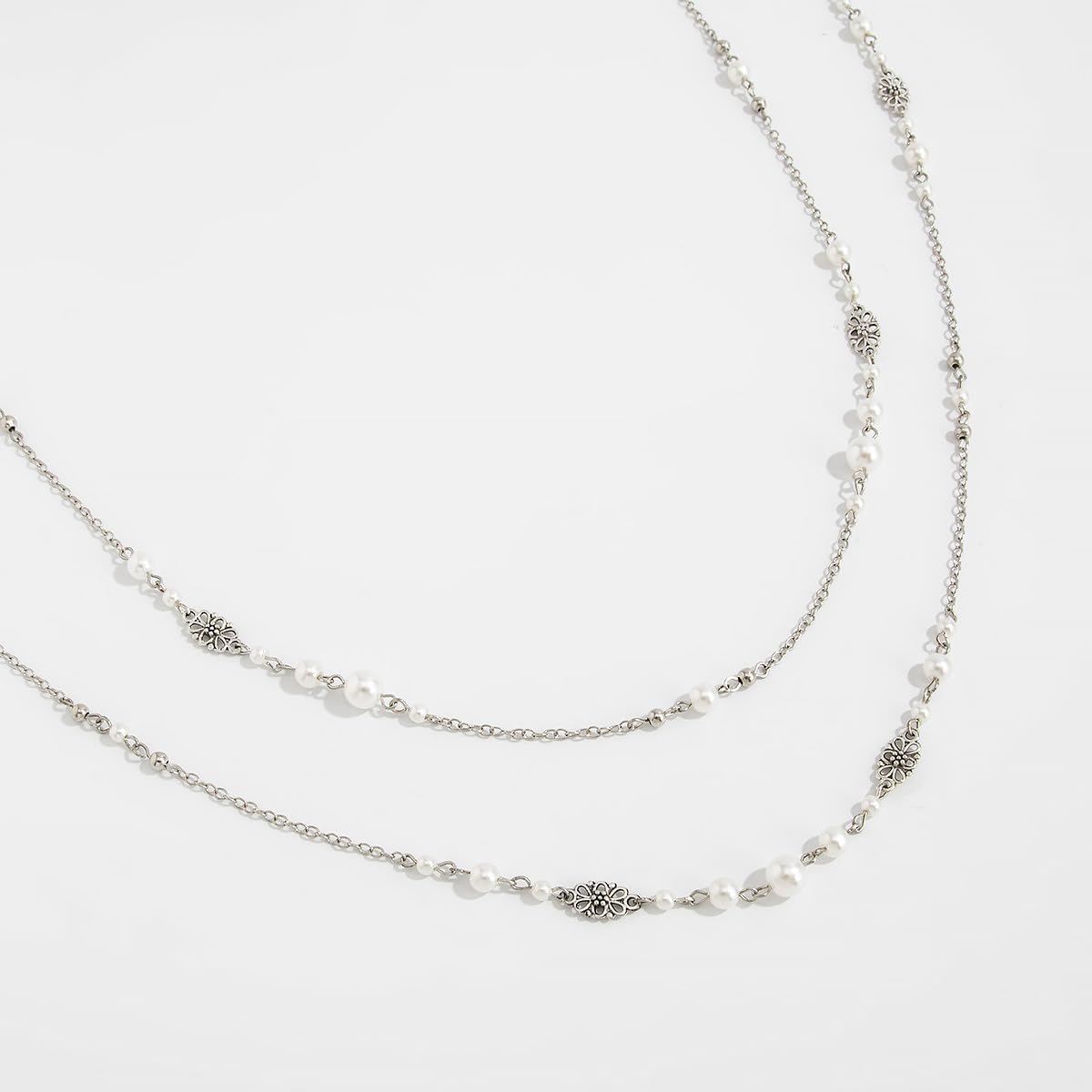 Vintage Layered Pearl Long Station Chain Necklace for Women Dainty 2PCS Pearl Necklace Statement Sweater Strand Chain Jewelry Accessories image 4