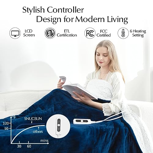 Electric Heated Blanket Twin Size, Soft and Cozy Thickened Flannel and Sherpa Electric Blanket for Bed, Automatic Safety System 6 Heating Levels & 10 Hours Auto-Off, 62"x84" Pageant Blue