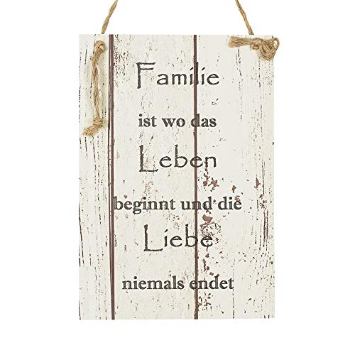 Wand Deko Holzschild mit Spruch im Shabby Chic Vintage Stil (29x20x0,5cm) - Familie ist wo das Leben beginnt und die Liebe Niemals endet - die Geschenkidee Cover