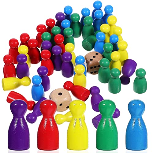 STOBOK 50Pcs Wooden Pawns, Multicolor Board Game Pieces with 2 Dice, Tabletop Game Markers