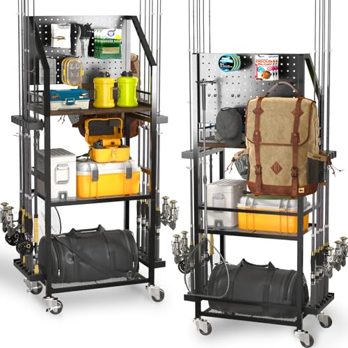 Image of SOYEEZE Fishing Rod Holders for Garage, Fishing Pole Holders Up to 12 Rods with Pegboard and Hooks,Rolling Fishing Cart with Wheels, Fishing Gear Storage For Tackle Box & Reel Organization- 10 Hooks